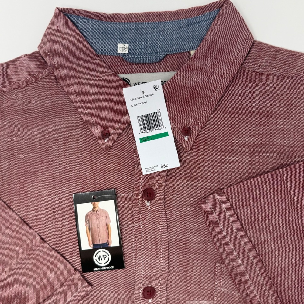 Weatherproof Men's Short Sleeve Button Down Shirt Red Chambray Size Large‎ NEW